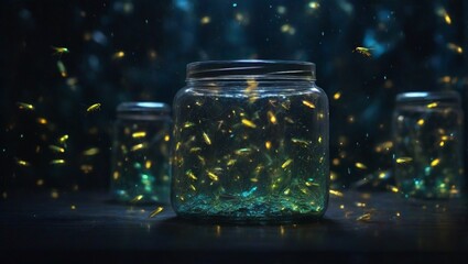 fireflies glowing in jar in dark
