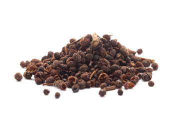 Close-up of Dry Tomar Seeds (Zanthoxylum armatum) isolated on a white background. Front view