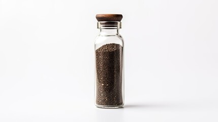 Organic Black Pepper Powder in Transparent Glass Bottle on White Background