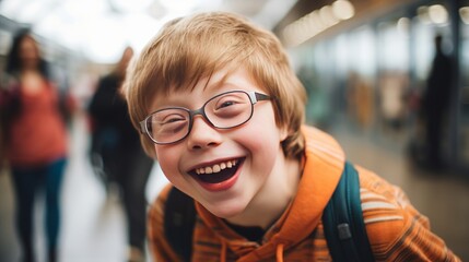 Happy kid with down syndrome smiling - obrazy, fototapety, plakaty