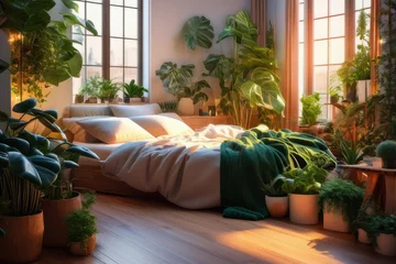 Fotobehang Home garden, bedroom in white and wooden tones. Close-up, bed, parquet floor and many houseplants. Urban jungle interior design. Biophilia concept. © Anna