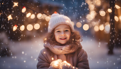Happy Little Girl Playing with Christmas Lights Outdoors in Snowfall: A Festive and Magical Holiday Scene