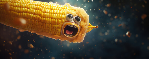 Fancy corn cob character with eyes and mouth smilling, flying in space.  Corn astronaut.