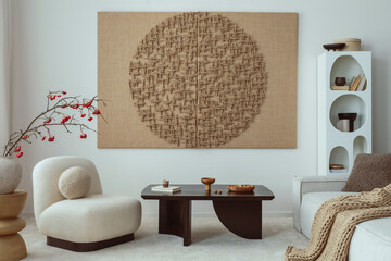 Aesthetic composition of japandi living room interior with mock up poster frame, modern black...