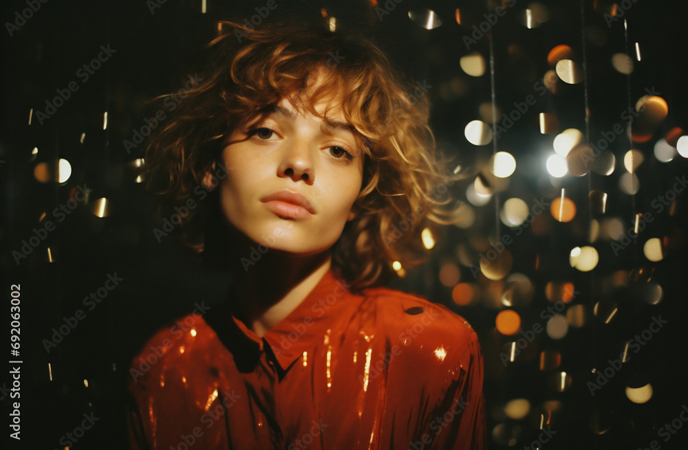 Wall mural portrait of a beautiful girl with curly hair in a red jacket on a dark background.