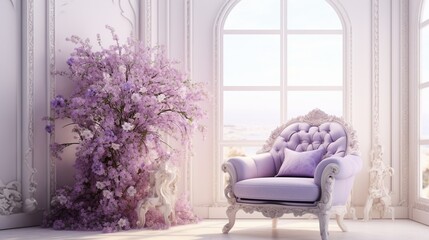 An elegant lavender chair, featuring delicate floral motifs and plush seating, is showcased against a background of flawless white, creating a scene of luxurious tranquility.