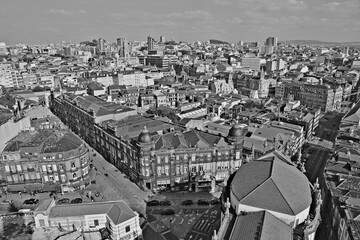 Portugal. Porto. Aerial view over the city. In black and white