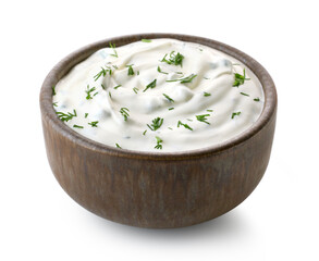 Brown ceramic bowl of fresh sour cream dip sauce with herbs - obrazy, fototapety, plakaty