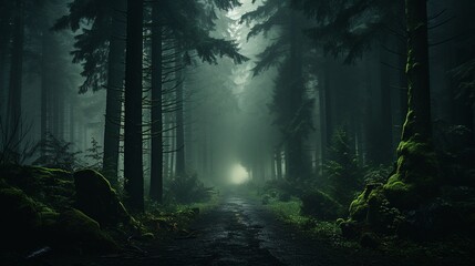 A foggy and mysterious forest with tall trees disappearing into the mist, creating an ethereal and atmospheric woodland setting