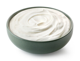 Fototapeta na wymiar Green ceramic bowl of fresh greek yogurt or sour cream