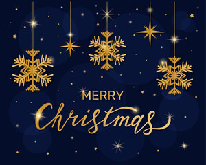 Vector illustration with gold inscription" merry Christmas" on a dark blue background and snowflakes. This classic and elegant style is ideal for holiday cards, seasonal marketing materials