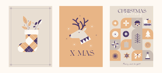 Christmas posters in a minimalistic retro style with Christmas deer, tree, balls, snowflakes and more. Geometric Christmas. Winter abstract symbols and elements. Vector textured illustrations.