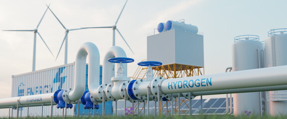 hydrogen pipeline of energy sector towards to ecology,carbon credit,Clean Energy,secure,carbon neutral,transformation,solar,power plant and energy sources balance to replace natural gas.3d rendering.
