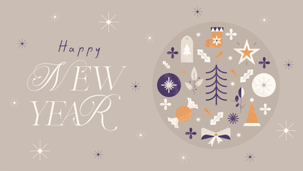Happy New Year 2024 Banner. Happy New Year greeting banner with geometric holiday winter symbols and elements. Minimalistic retro flat style. Vector illustration.