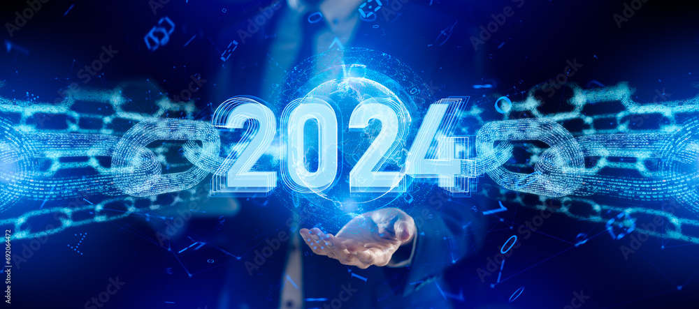Poster smart businessman pointing digital dashboard in 2024 on hologram blue background.artificial intellig