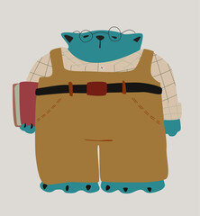 A fat smart cat with glasses stands and holds a book. Vector cartoon illustration.