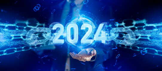 Smart businessman pointing digital dashboard in 2024 on hologram blue background.Artificial...