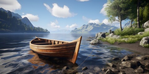 altes Holzboot auf dem See in den Bergen - obrazy, fototapety, plakaty