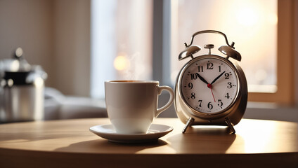 Alarm clock, cup of coffee on the table background