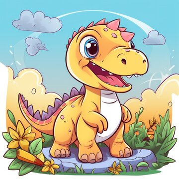drawing of orange and blue sitting dinosaur smiling