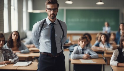Angry teacher looking pupil with hands on hips