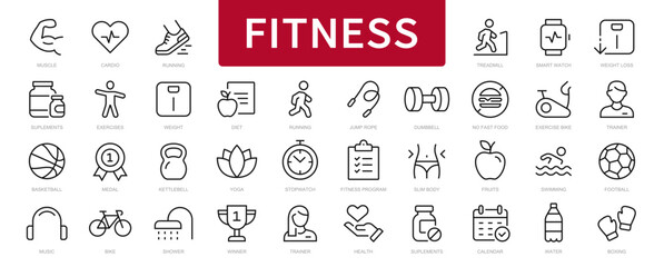 Fototapeta na wymiar Fitness thin line icons set. fitness, sport, gym, cardio, running, diet editable stroke icon. Vector