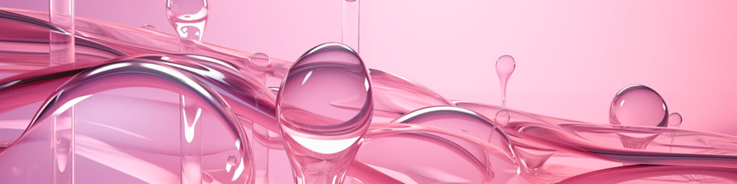 Naklejki pink glass liquid bubbles, 3D render abstract, cosmetic scientific futuristic