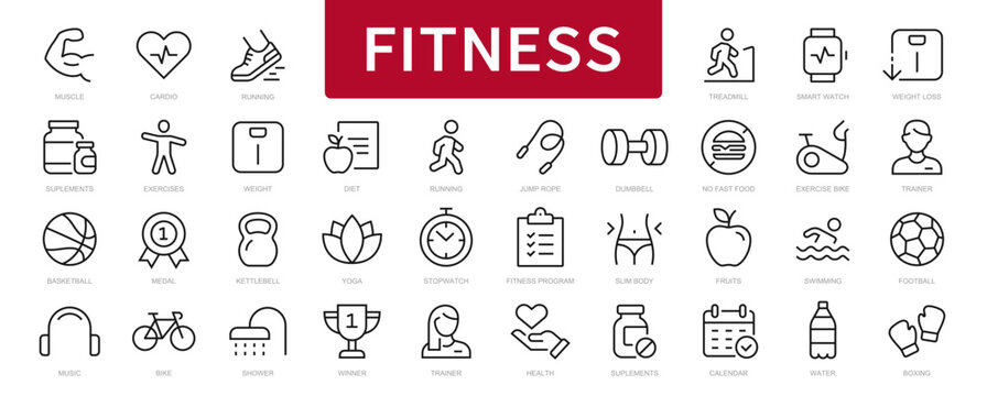 Fitness thin line icons set. fitness, sport, gym, cardio, running, diet editable stroke icon. Vector
