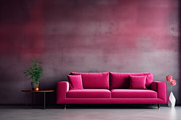 On-trend living room 2023: Vibrant Viva Magenta sofa as a bold accent, set against a microcement wall in crimson and burgundy tones for a chic interior design.