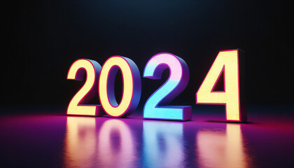 2024 numbers with glowing neon lights 3d rendering