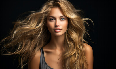 Portrait of a stunning female model with luxurious flowing blonde hair and captivating blue eyes on a dark background