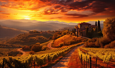 Naklejka na ściany i meble Breathtaking Sunset Over Lush Tuscan Vineyards with Rolling Hills, Historic Italian Architecture and Vibrant Autumn Foliage