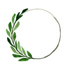 watercolor drawing wreath of simple leaves. round frame, christmas decoration. simple abstract...