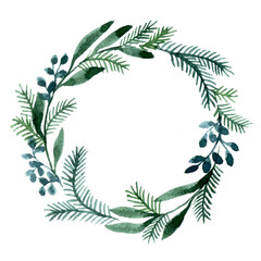 watercolor drawing. Christmas wreath. simple illustration with a wreath of twigs and leaves of...