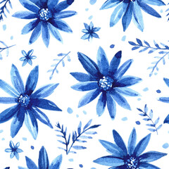 Fototapeta na wymiar winter seamless watercolor pattern. blue flowers and branches on a white background. winter patterns in vintage style. decoration for Christmas, New Year