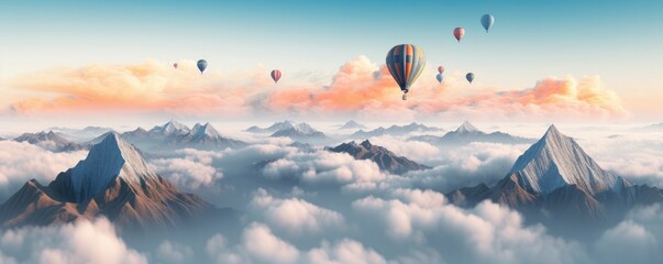 A hot air balloon is flying over foggy mountains high in air, panorama. Generative Ai.