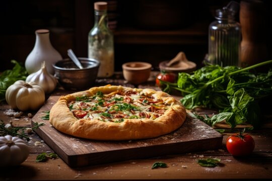 A traditional British Umble pie served on a charming old wooden table, garnished with fresh herbs