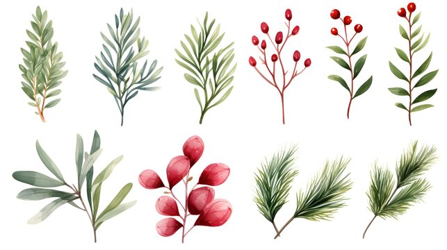 Watercolor Christmas floral element set. Winter greenery clipart for greeting card. Fir branches, red berries, eucalyptus leaves, pine coin