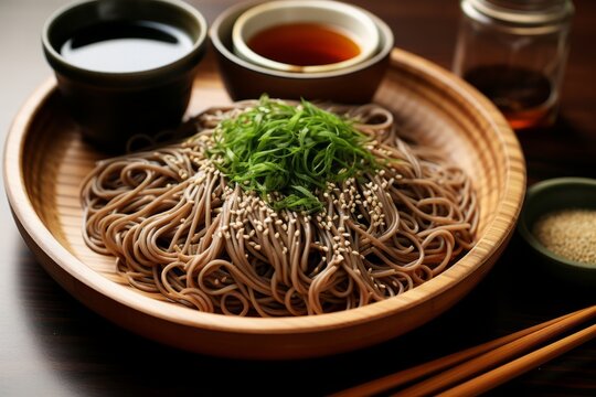 A beautifully presented Zaru Soba dish, featuring chilled noodles on a bamboo tray with a savory dipping sauce and fresh garnish