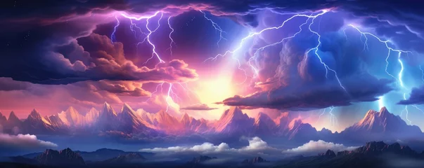 Fototapeten Landscape storm view on lightning bolts, bad weather, climate change, panorama. Generative ai. © annamaria