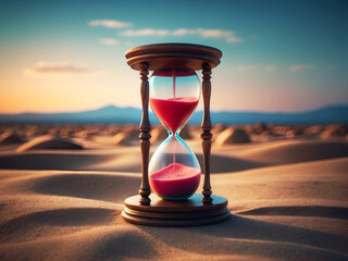 Time concept hourglass time red sand. Sand glass clock in a vast desert background. Concept of time running out, time passing concept.
