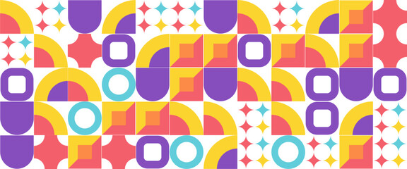 Colorful colourful modern vector abstract geometric background with circles, rectangles and squares simple shapes graphic pattern. Vector flat mosaic horizontal banners template