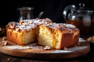 A traditional German Butterkuchen, perfectly baked and sprinkled with powdered sugar, waiting to be enjoyed with a warm beverage