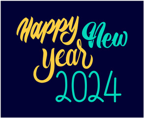 Naklejka na ściany i meble Happy New Year 2024 Abstract Yellow And Cyan Graphic Design Holiday Vector Logo Symbol Illustration With Blue Background