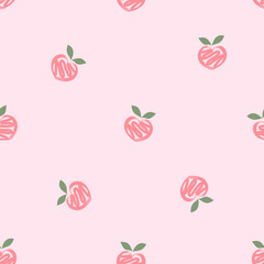 Seamless pattern with pink peach with green leaf on pink background vector illustration.