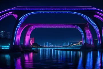 Zelfklevend Fotobehang A futuristic bridge spanning over a calm river, with its illuminated arches reflecting in the water below. © Resonant Visions