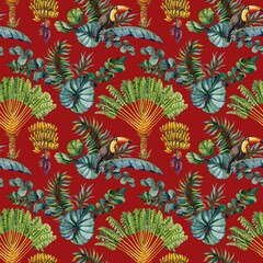 seamless tropical textile pattern. Watercolor illustration. Hand drawn  design.