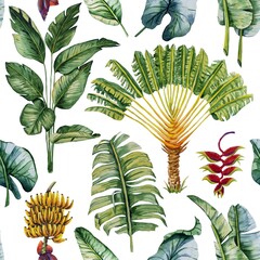 Seamless tropical pattern. Watercolor illustration. Hand drawn background. Palm trees fabric pattern.