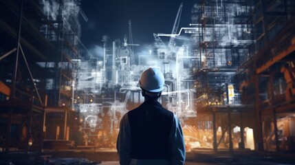 The outline of a worker with protective helmet and plans, superimposed on a dreamlike city construction site, evoking progress and innovation. - obrazy, fototapety, plakaty