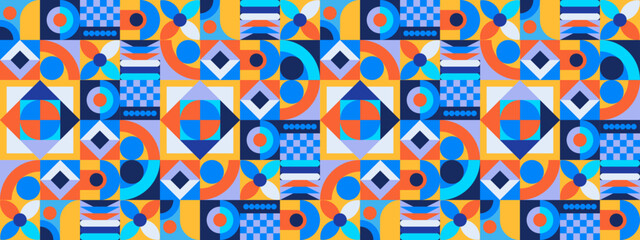 Colorful colourful geometric mosaic seamless pattern illustration with creative abstract shapes. Vector flat mosaic horizontal banners template